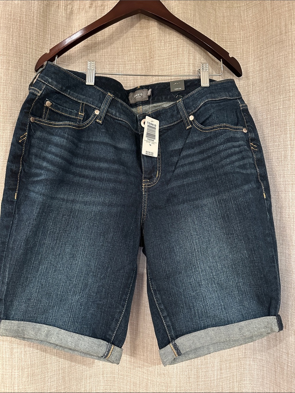 torrid Dark Indigo Cuffed Denim Bermuda Shorts with Contrast Stitching